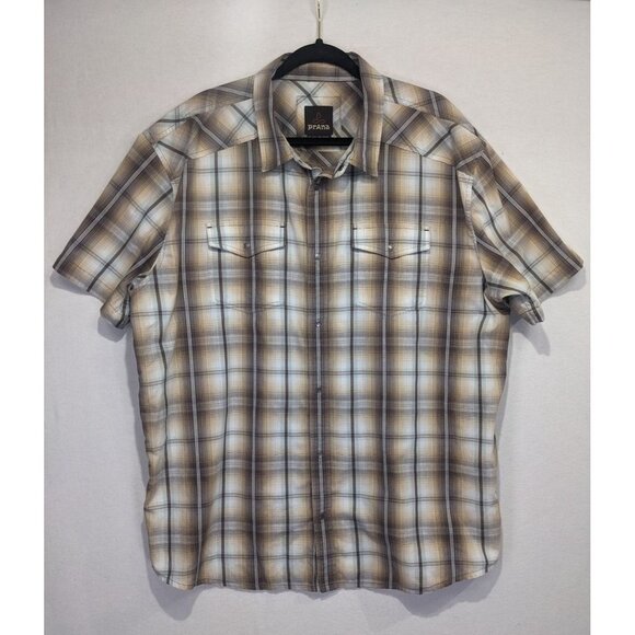 Prana Mens Button-Down Plaid Shirt Breast Pocket Western Relaxed Brown/Cream XXL - Picture 1 of 8